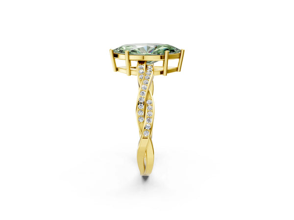 Yellow gold Fancy Green Marquise  Solitaire Twisted Pave Diamond Ring with Four-Prong Setting