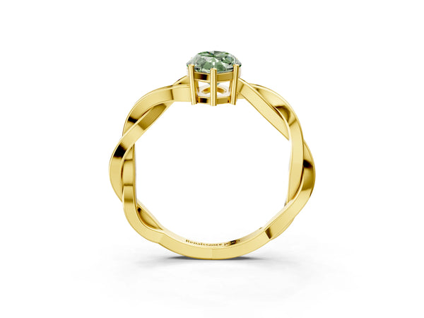 Yellow gold Fancy Green Marquise  Solitaire Twisted Pave Diamond Ring with Four-Prong Setting