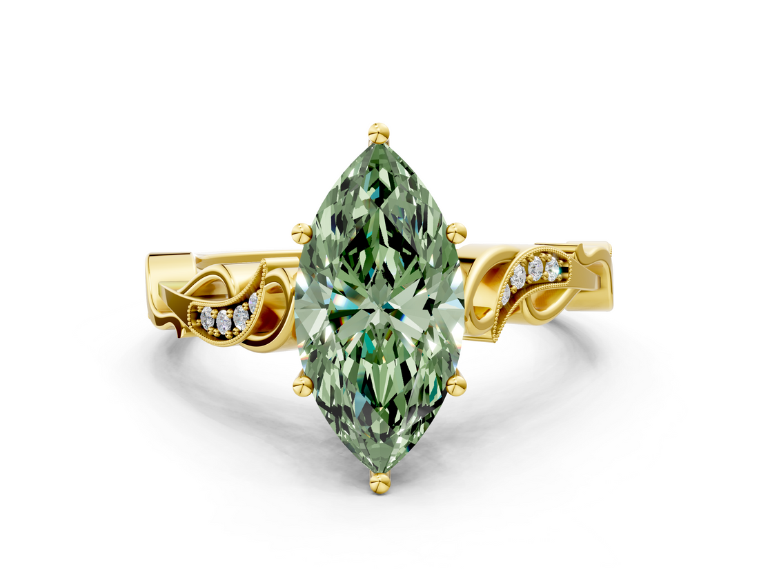 Yellow gold Fancy Green Marquise  Solitaire Vine Band with Milgrain Prong Setting_3