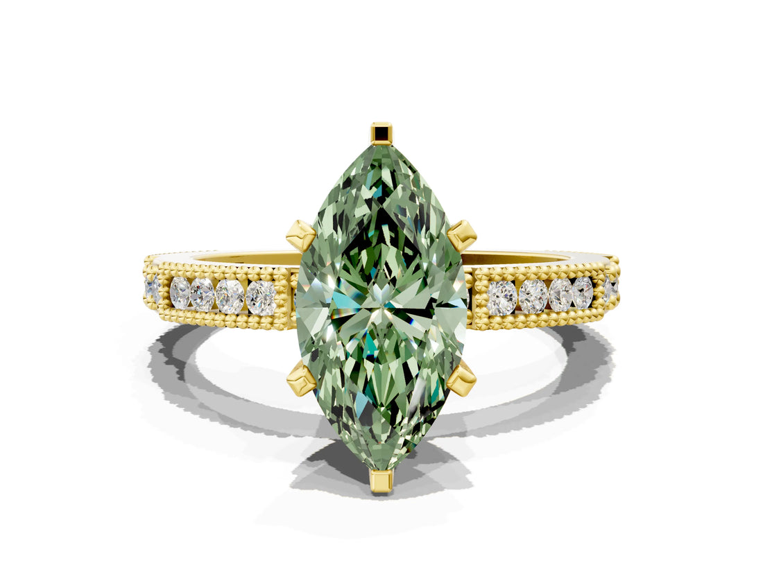 Yellow gold Fancy Green Marquise  Solitaire with Pavé Band and Four-Prong Setting_317