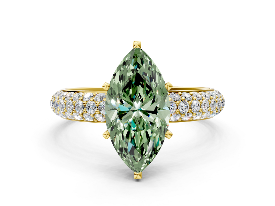 Yellow gold Fancy Green Marquise  Solitaire with Pave Band and Four-Prong Setting_3