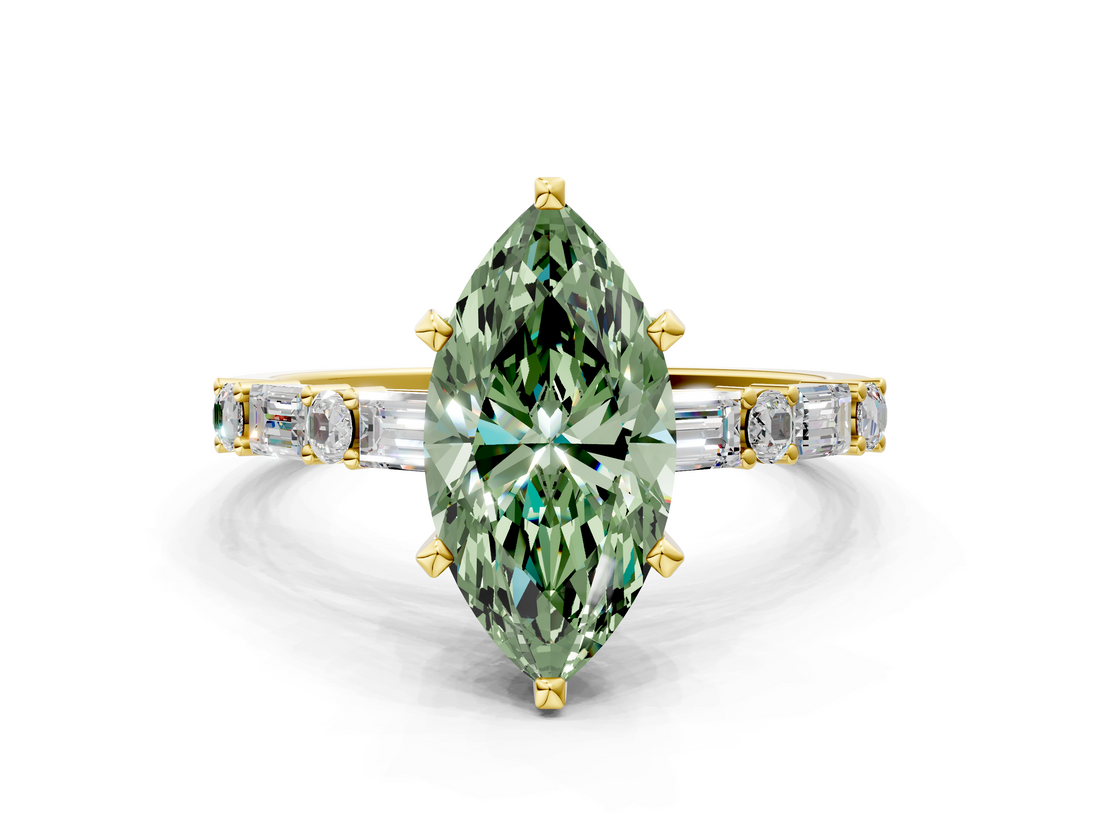 Yellow gold Fancy Green Marquise  Solitaire with Side Baguettes and Channel Set Band_20