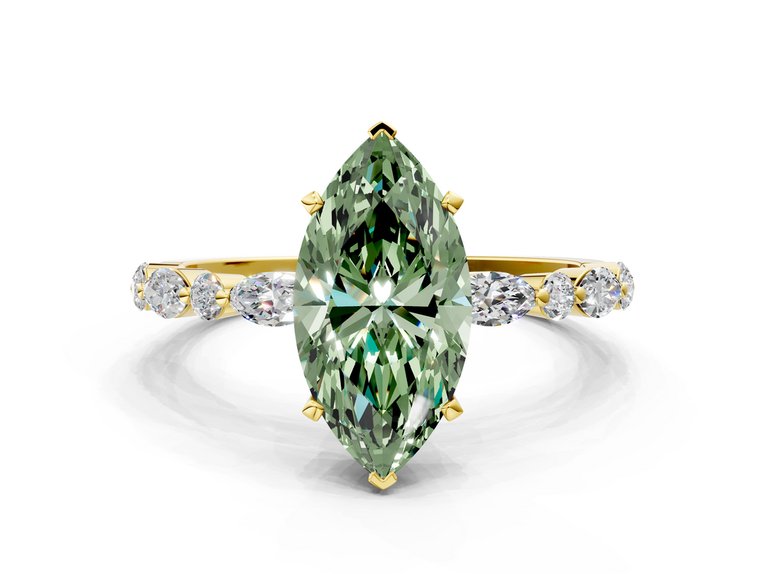 Yellow gold Fancy Green Marquise  Solitaire with Side Stones on a Pavé Band and Four-Prong Setting_23