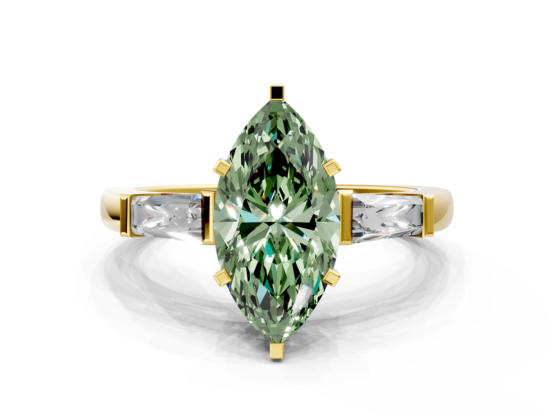Yellow gold Fancy Green Marquise  Solitaire with Tapered Baguette Side Stones on a Classic Band with Four-Prong Setting_76