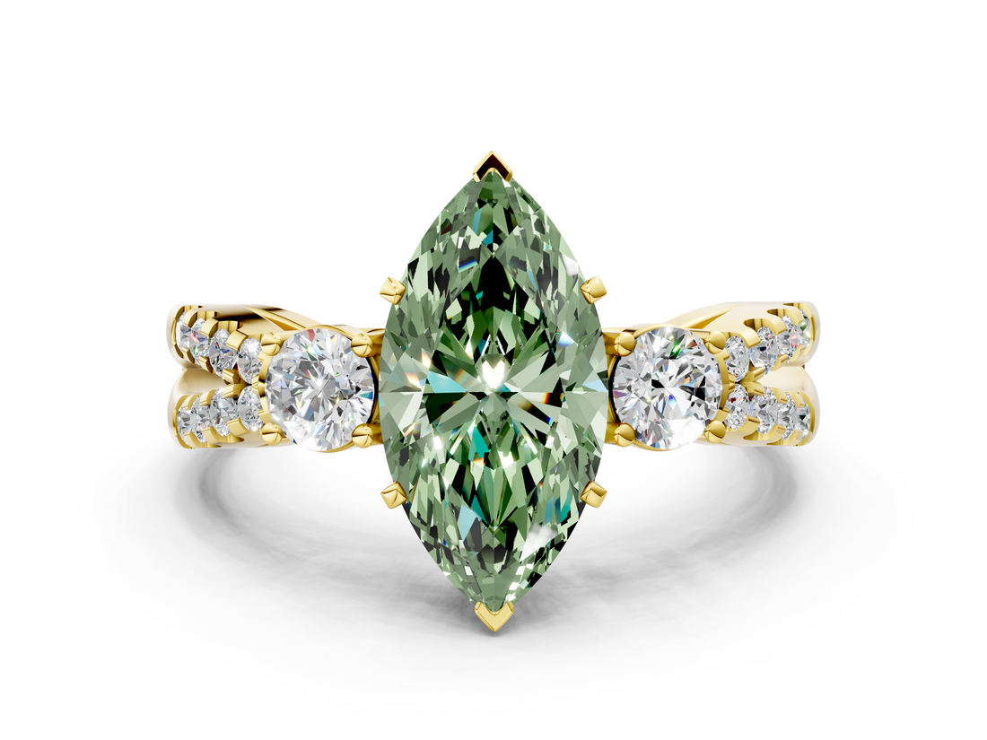 Yellow gold Fancy Green Marquise  Three-Stone Diamond Ring with Pavé Split Shank and Four-Prong Setting_62