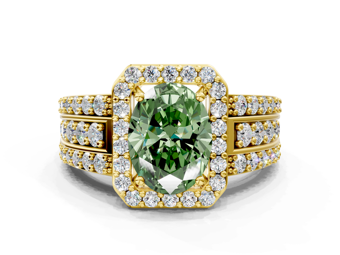 Yellow gold Fancy Green Oval -Cut Halo Diamond Ring with Split Shank and Four-Prong Setting_88
