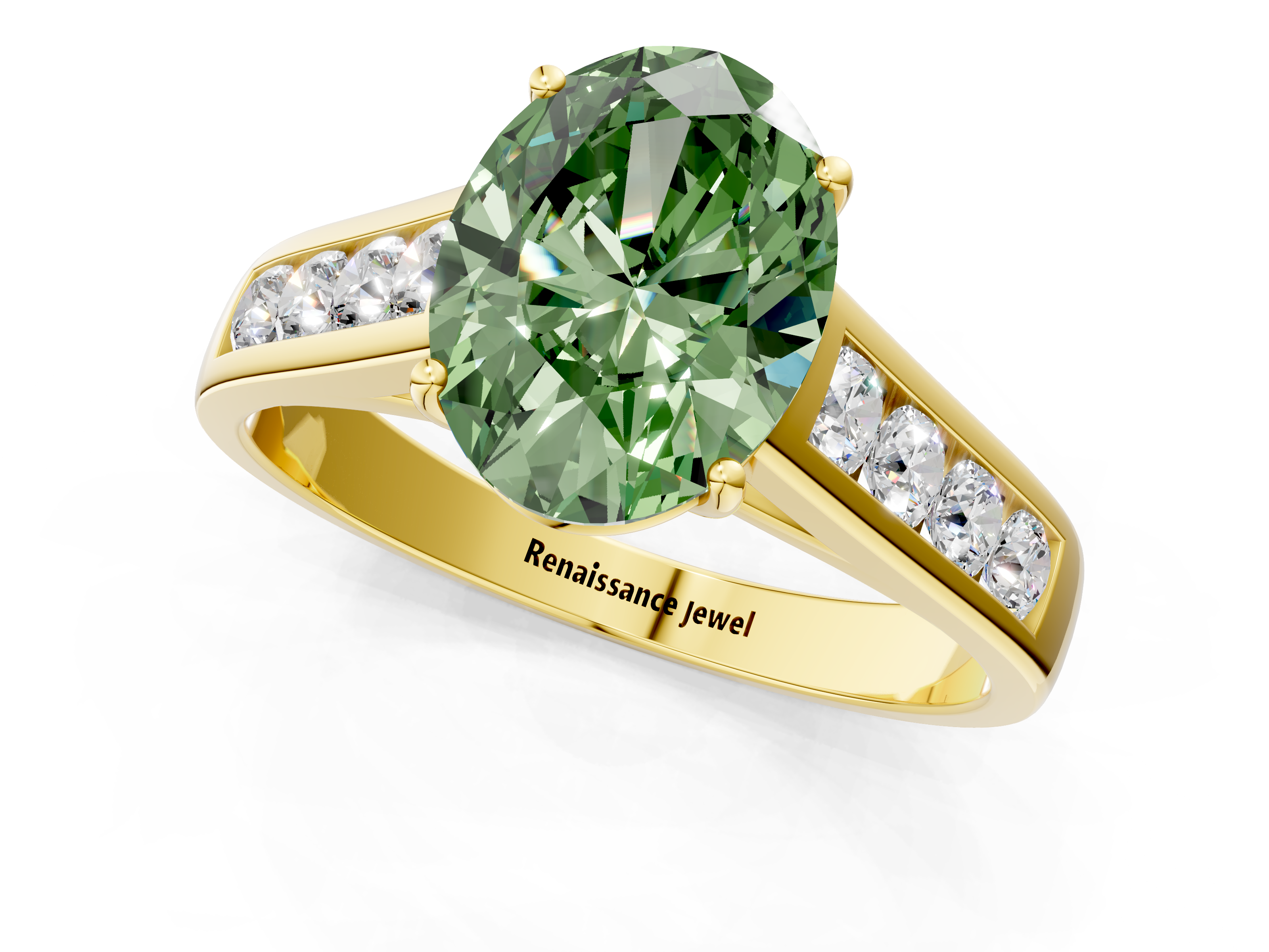 Yellow gold Fancy Green Oval  Brilliant Channel-Set Solitaire Ring with Four-Prong Setting_21
