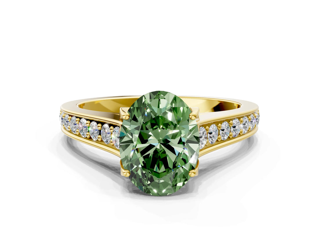 Yellow gold Fancy Green Oval  Brilliant Cut Diamond Engagement Ring with Pavé Band and Four-Prong Setting_49