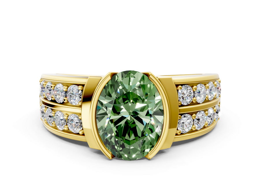 Yellow gold Fancy Green Oval  Brilliant Diamond Channel Set Wide Band Ring with Bezel Setting