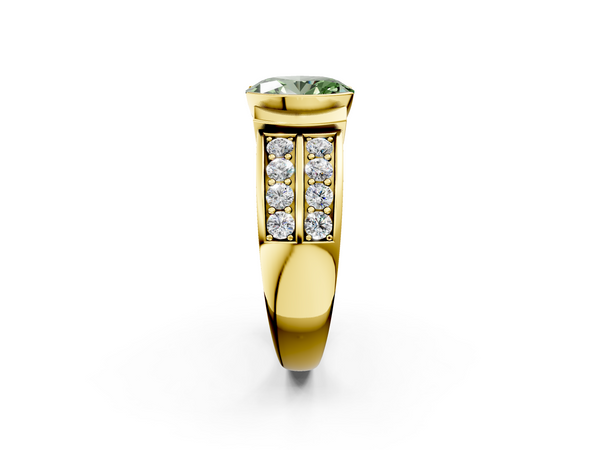 Yellow gold Fancy Green Oval  Brilliant Diamond Channel Set Wide Band Ring with Bezel Setting