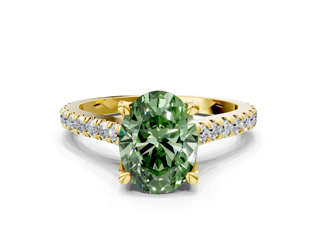 Yellow gold Fancy Green Oval  Brilliant Diamond Solitaire with Pavé Band and Four-Prong Setting 1