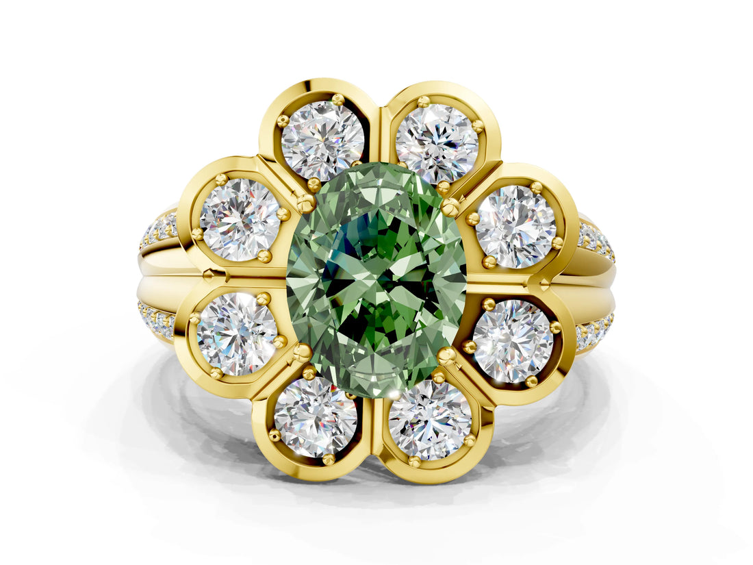 Yellow gold Fancy Green Oval  Brilliant Flower Halo Diamond Split Shank Ring_26