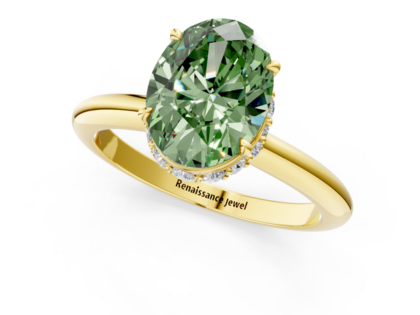 Yellow gold Fancy Green Oval  Brilliant Solitaire Engagement Ring with Six-Prong Setting and Classic Band