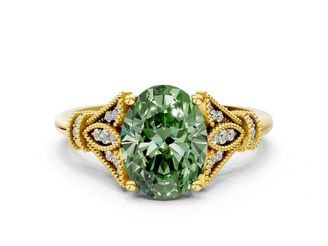 Yellow gold Fancy Green Oval  Brilliant Solitaire with Pave Band and Four-Prong Setting_20