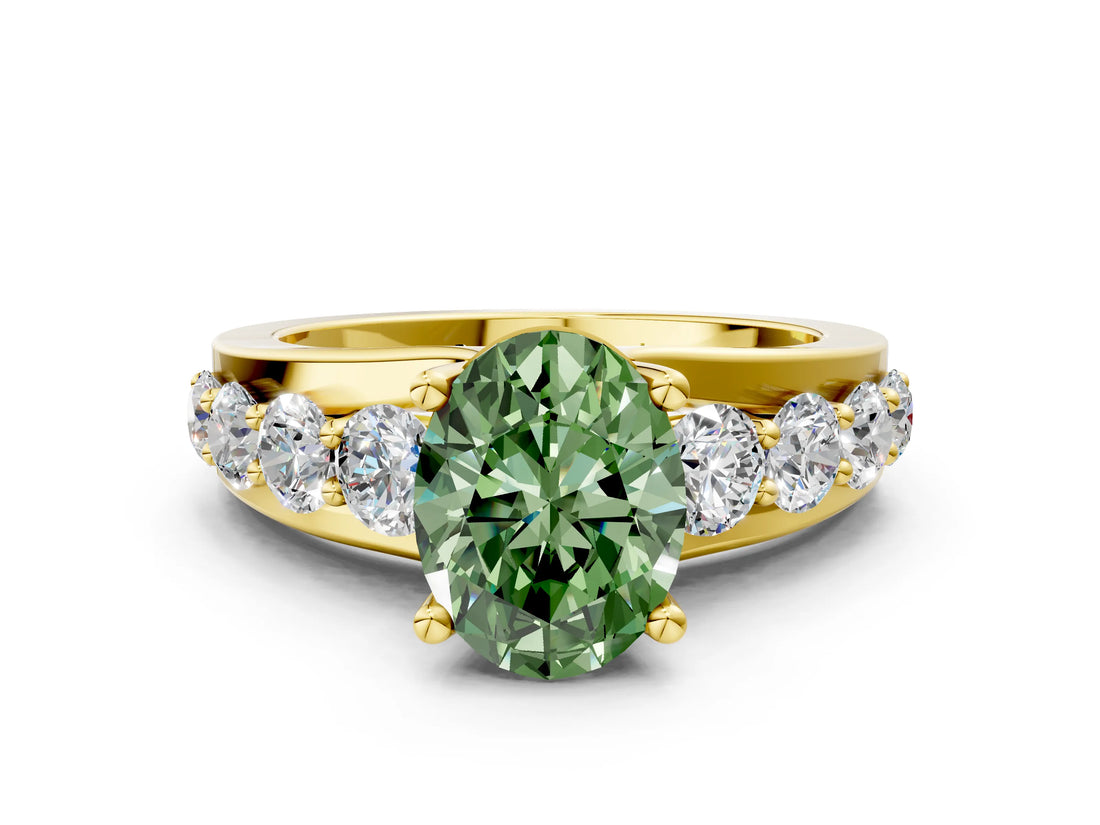 Yellow gold Fancy Green Oval  Brilliant Solitaire with Side Stones on a Pave Band and Four-Prong Setting_24