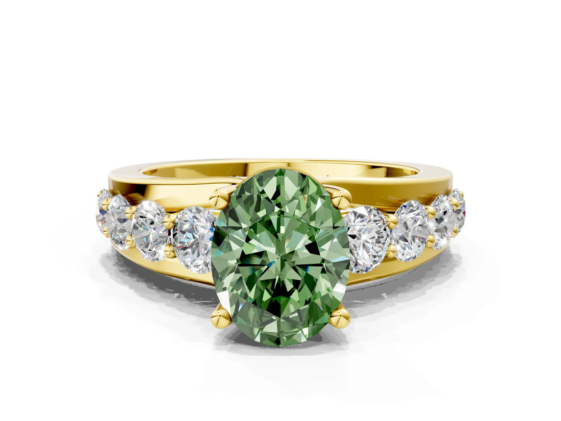 Yellow gold Fancy Green Oval  Brilliant Solitaire with Side Stones on a Pave Band and Four-Prong Setting_37