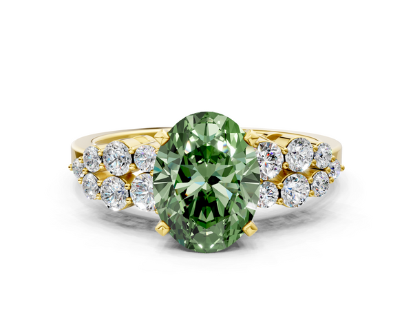 Yellow gold Fancy Green Oval  Cluster Diamond Engagement Ring with Pavé Band and Four-Prong Setting