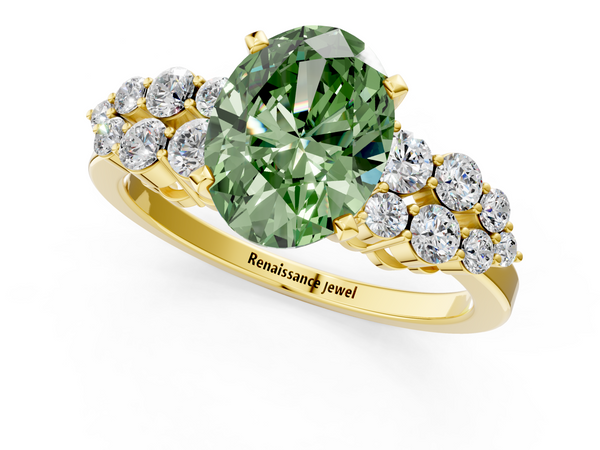 Yellow gold Fancy Green Oval  Cluster Diamond Engagement Ring with Pavé Band and Four-Prong Setting