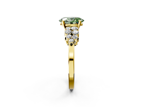 Yellow gold Fancy Green Oval  Cluster Diamond Engagement Ring with Pavé Band and Four-Prong Setting