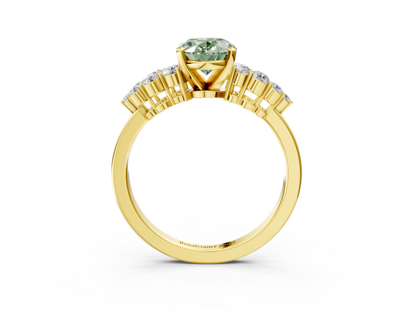 Yellow gold Fancy Green Oval  Cluster Diamond Engagement Ring with Pavé Band and Four-Prong Setting