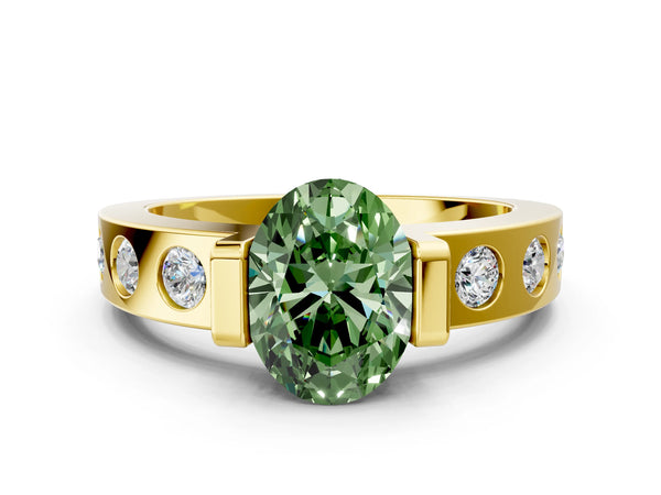 Yellow gold Fancy Green Oval Cut Brilliant Channel-Set Diamond Ring with Bezel Prong Setting
