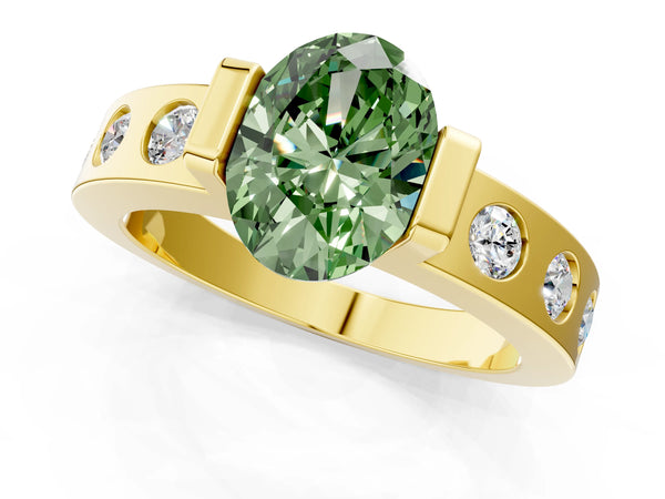 Yellow gold Fancy Green Oval Cut Brilliant Channel-Set Diamond Ring with Bezel Prong Setting