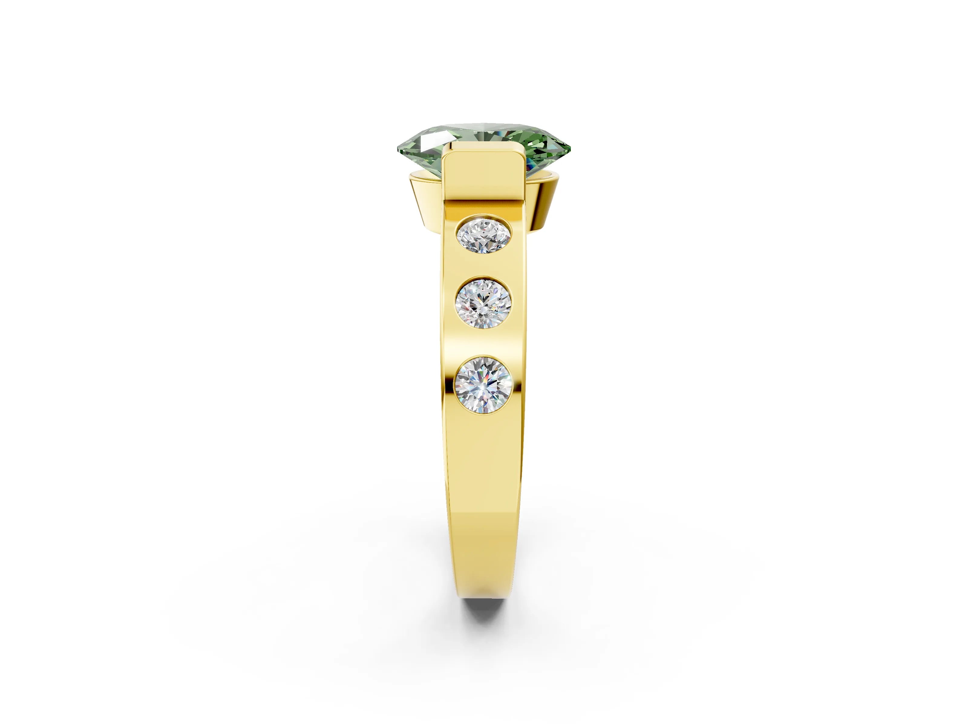 Yellow gold Fancy Green Oval Cut Brilliant Channel-Set Diamond Ring with Bezel Prong Setting_2