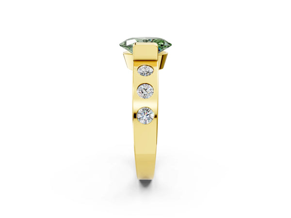 Yellow gold Fancy Green Oval Cut Brilliant Channel-Set Diamond Ring with Bezel Prong Setting