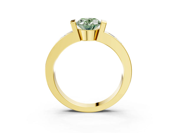 Yellow gold Fancy Green Oval Cut Brilliant Channel-Set Diamond Ring with Bezel Prong Setting