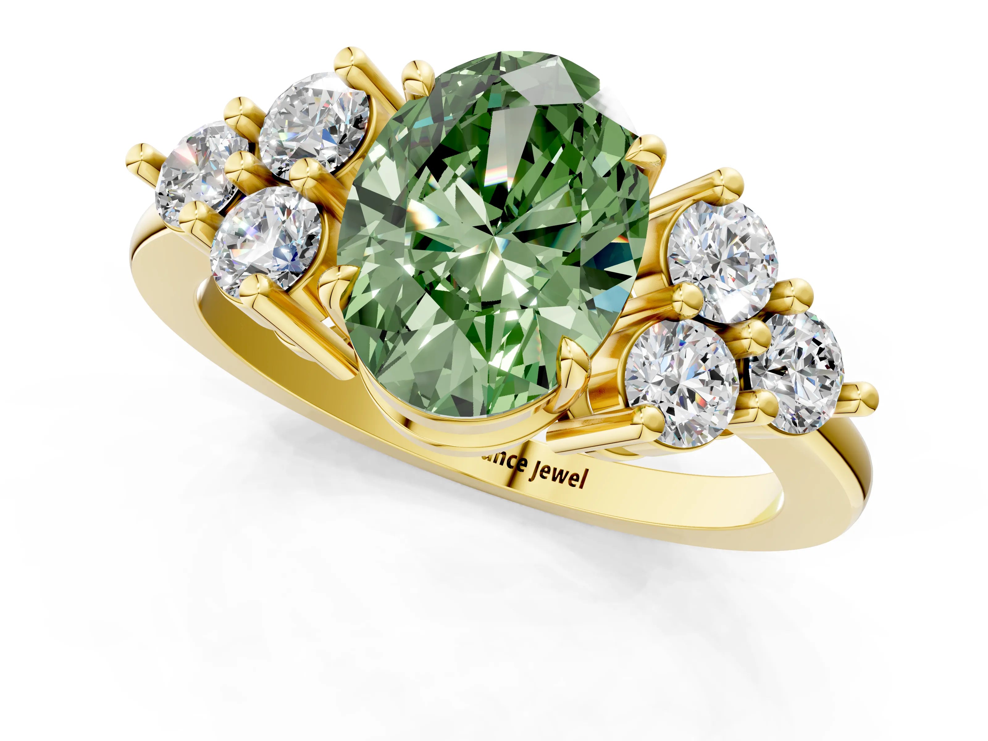 Yellow gold Fancy Green Oval Cut Brilliant Diamond Cluster Accent Solitaire Ring with Prong Setting_1