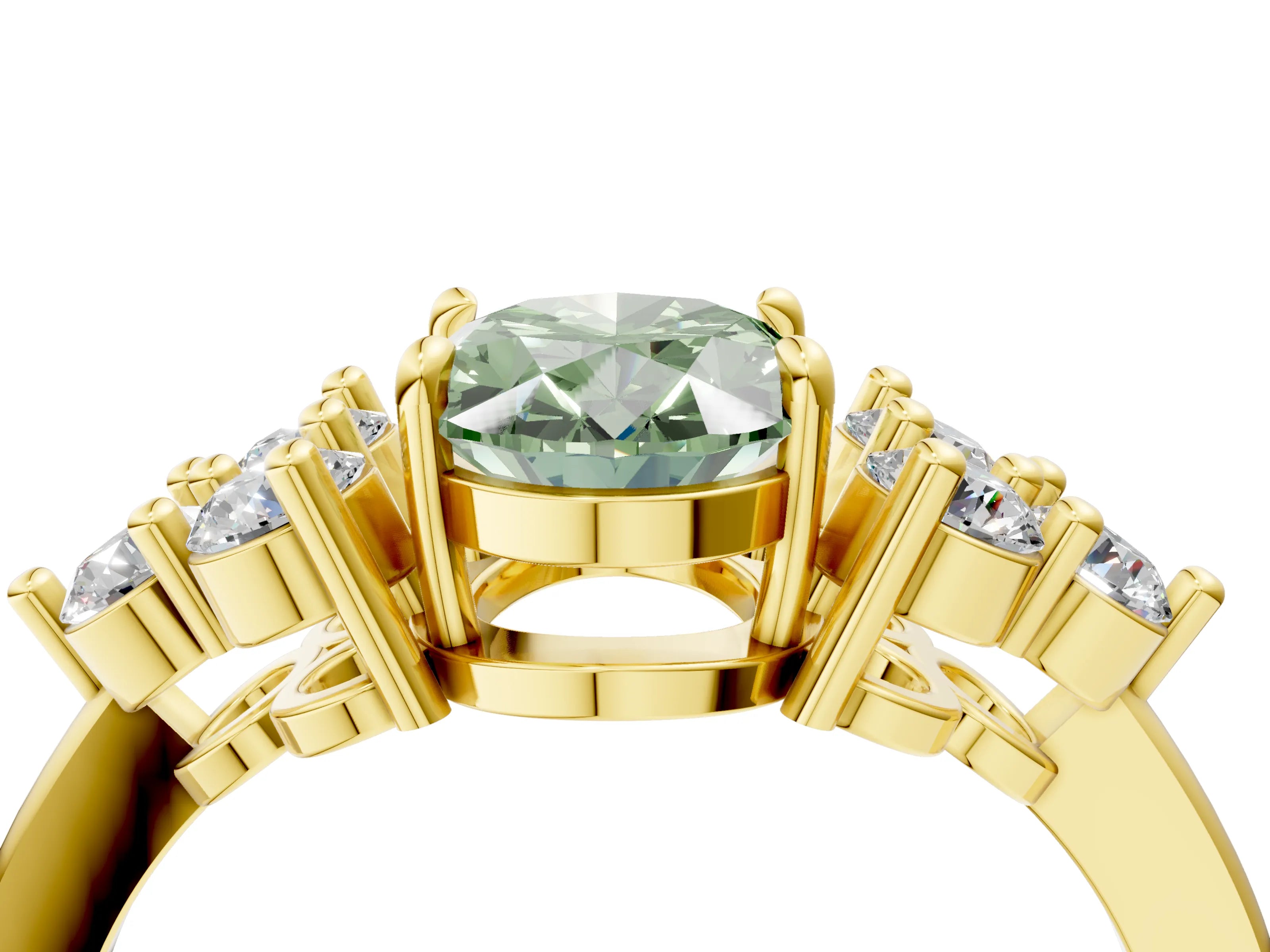 Yellow gold Fancy Green Oval Cut Brilliant Diamond Cluster Accent Solitaire Ring with Prong Setting_4