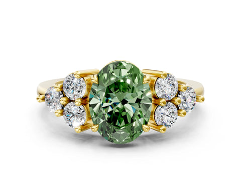 Yellow gold Fancy Green Oval Cut Brilliant Diamond Cluster Accent Solitaire Ring with Prong Setting