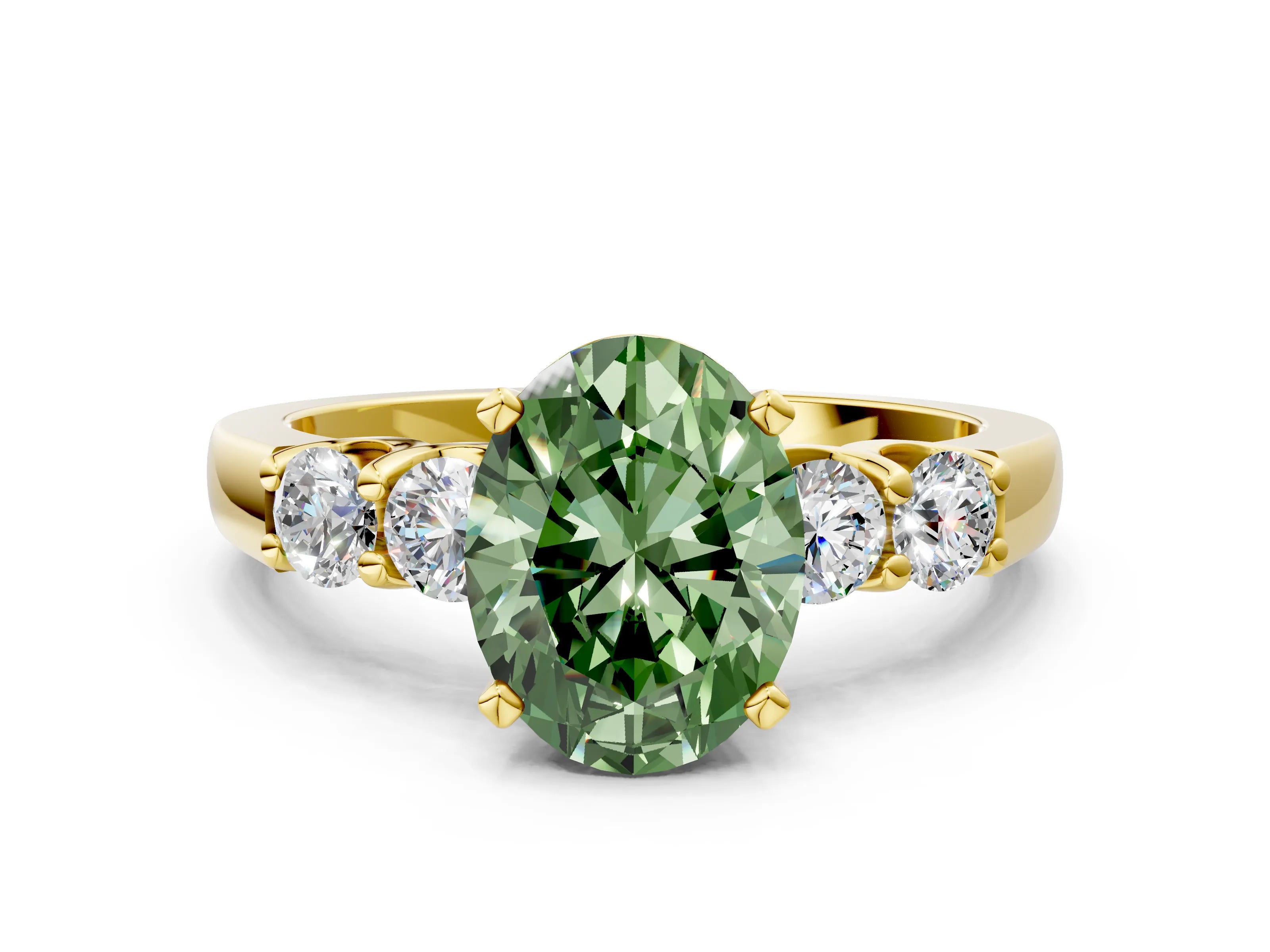 Yellow gold Fancy Green Oval Cut Brilliant Diamond Five-Stone Engagement Ring with Prong Setting on a Classic Band_3