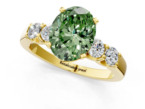 Yellow gold Fancy Green Oval Cut Brilliant Diamond Five-Stone Engagement Ring with Prong Setting on a Classic Band_4