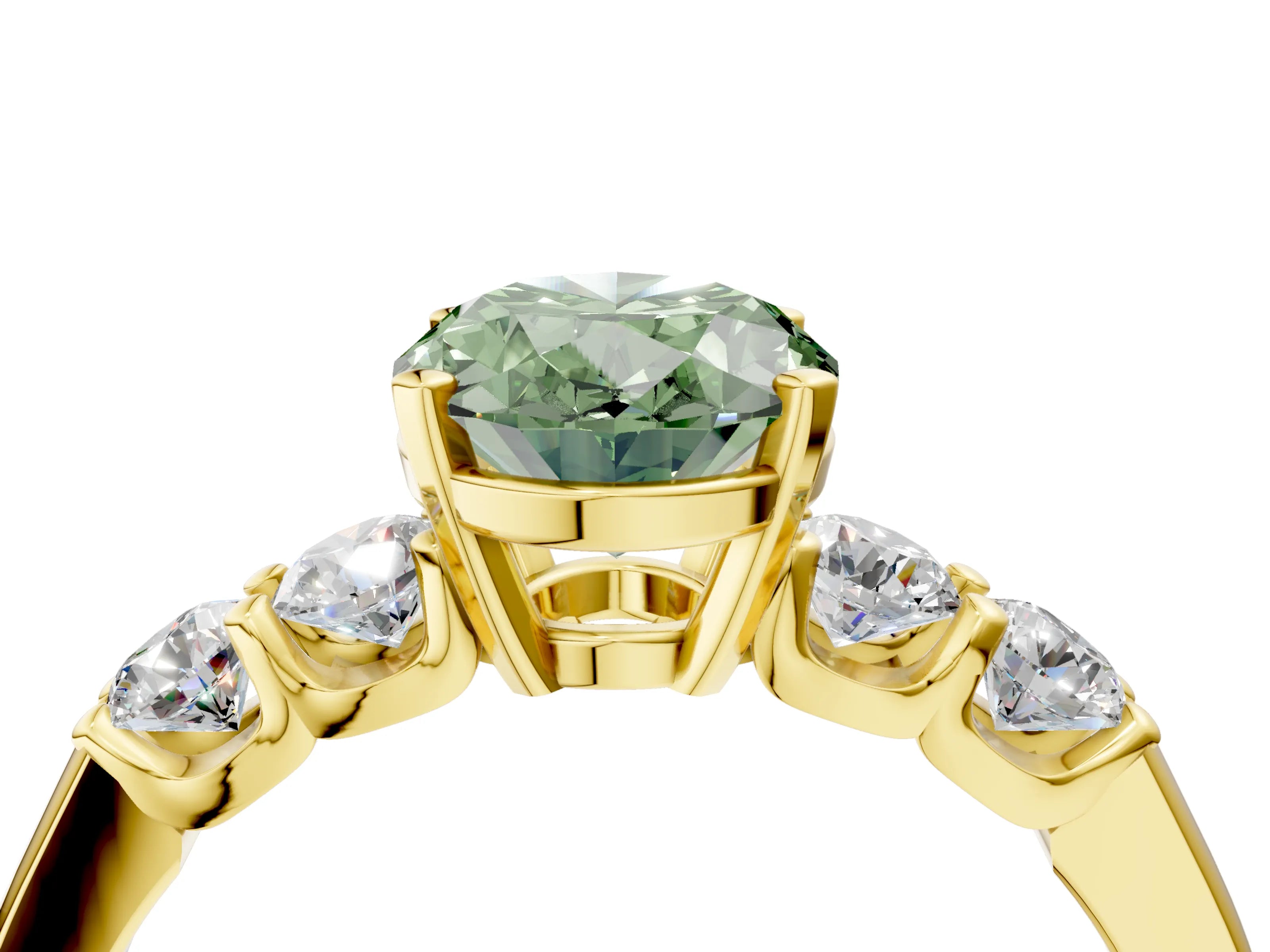 Yellow gold Fancy Green Oval Cut Brilliant Diamond Five-Stone Engagement Ring with Prong Setting on a Classic Band_7