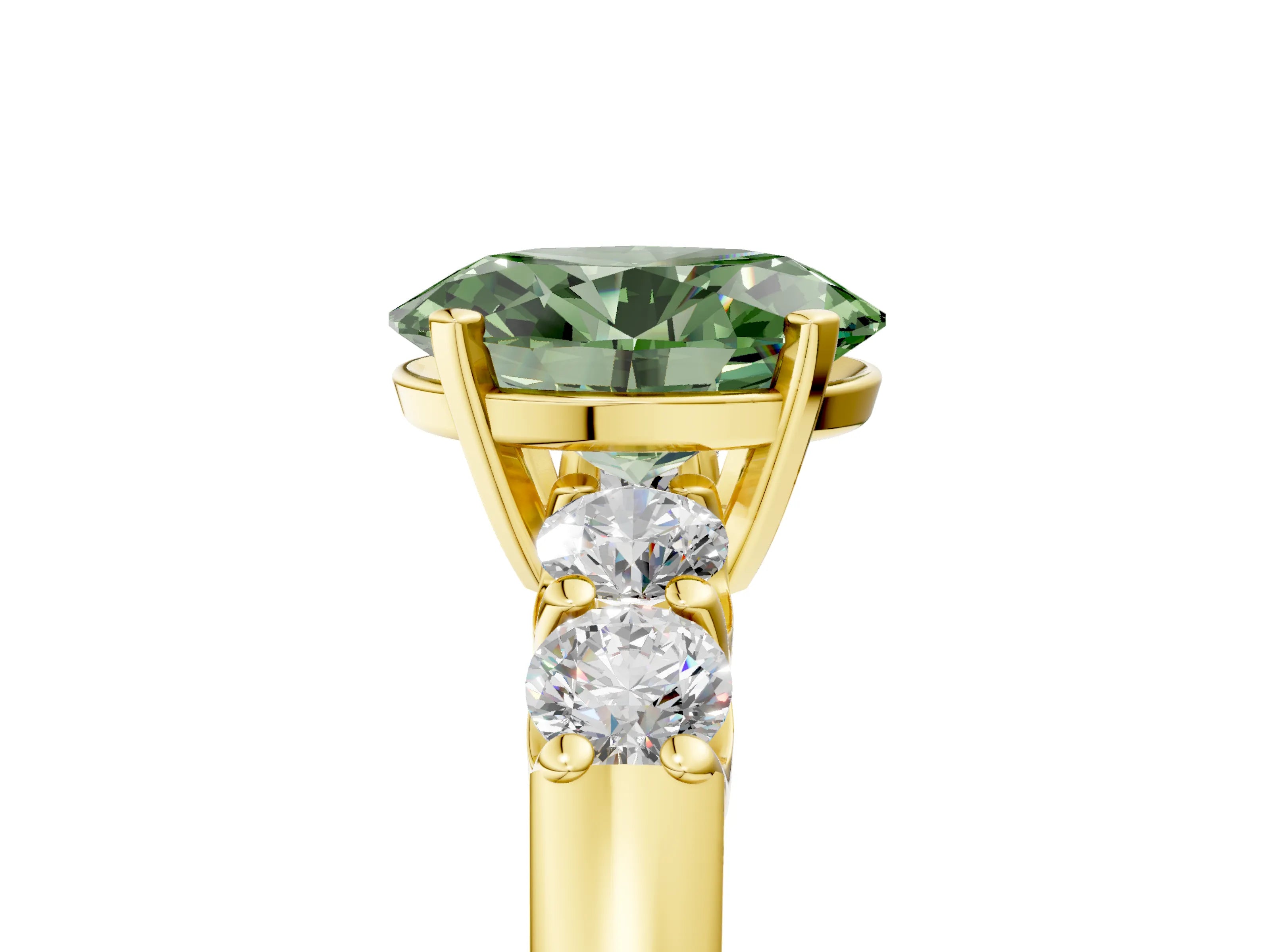 Yellow gold Fancy Green Oval Cut Brilliant Diamond Five-Stone Engagement Ring with Prong Setting on a Classic Band_8