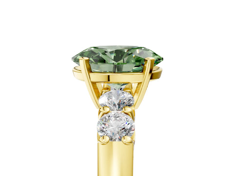 Yellow gold Fancy Green Oval Cut Brilliant Diamond Five-Stone Engagement Ring with Prong Setting on a Classic Band_8