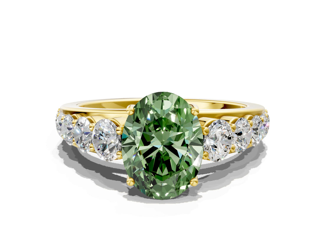 Yellow gold Fancy Green Oval Cut Brilliant Diamond Pavé Band with Six-Prong Setting_12