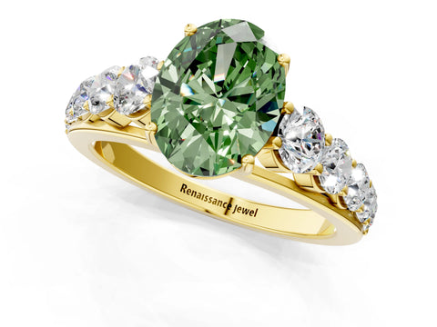 Yellow gold Fancy Green Oval Cut Brilliant Diamond Pavé Band with Six-Prong Setting_1