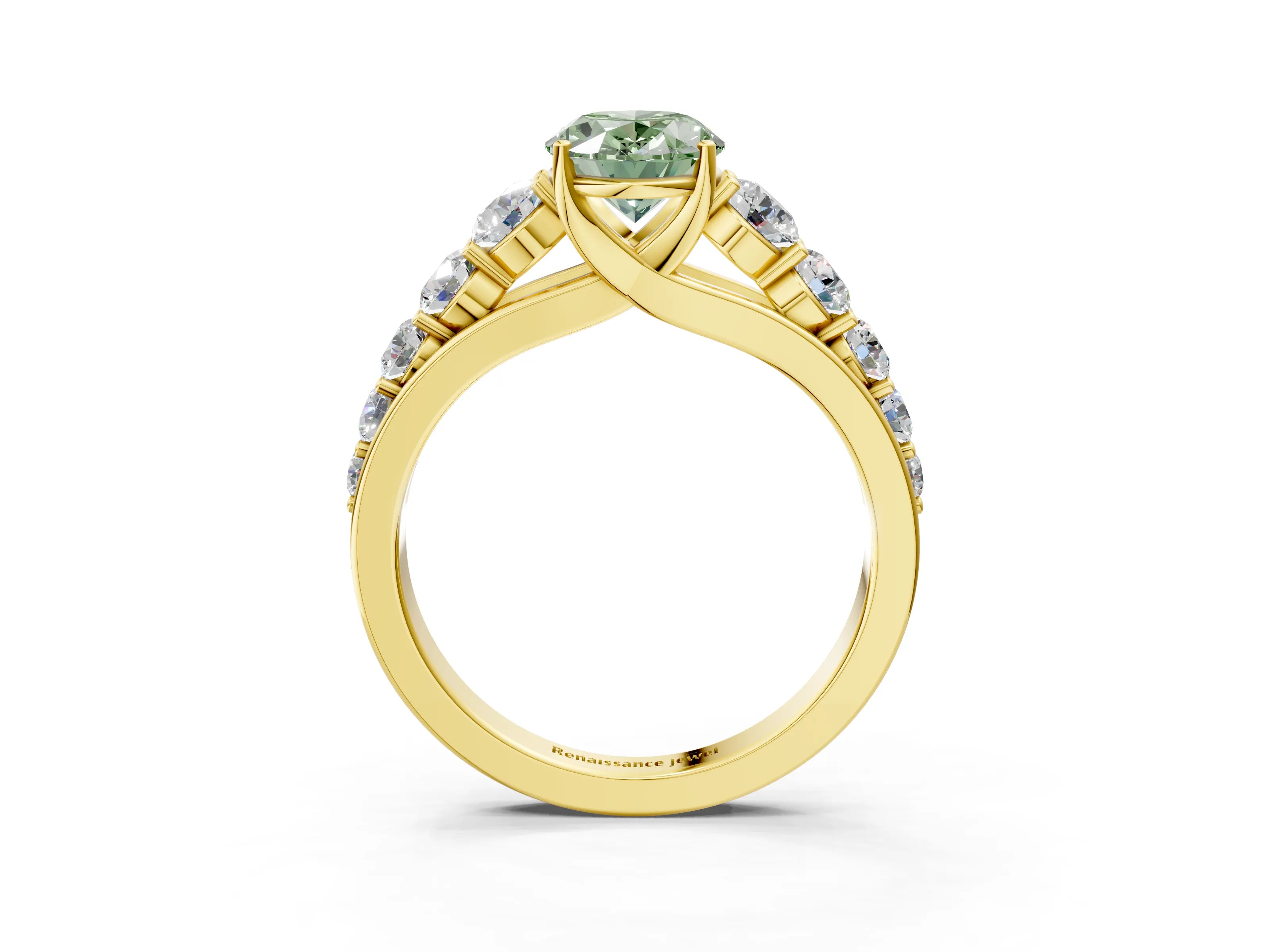 Yellow gold Fancy Green Oval Cut Brilliant Diamond Pavé Band with Six-Prong Setting_3