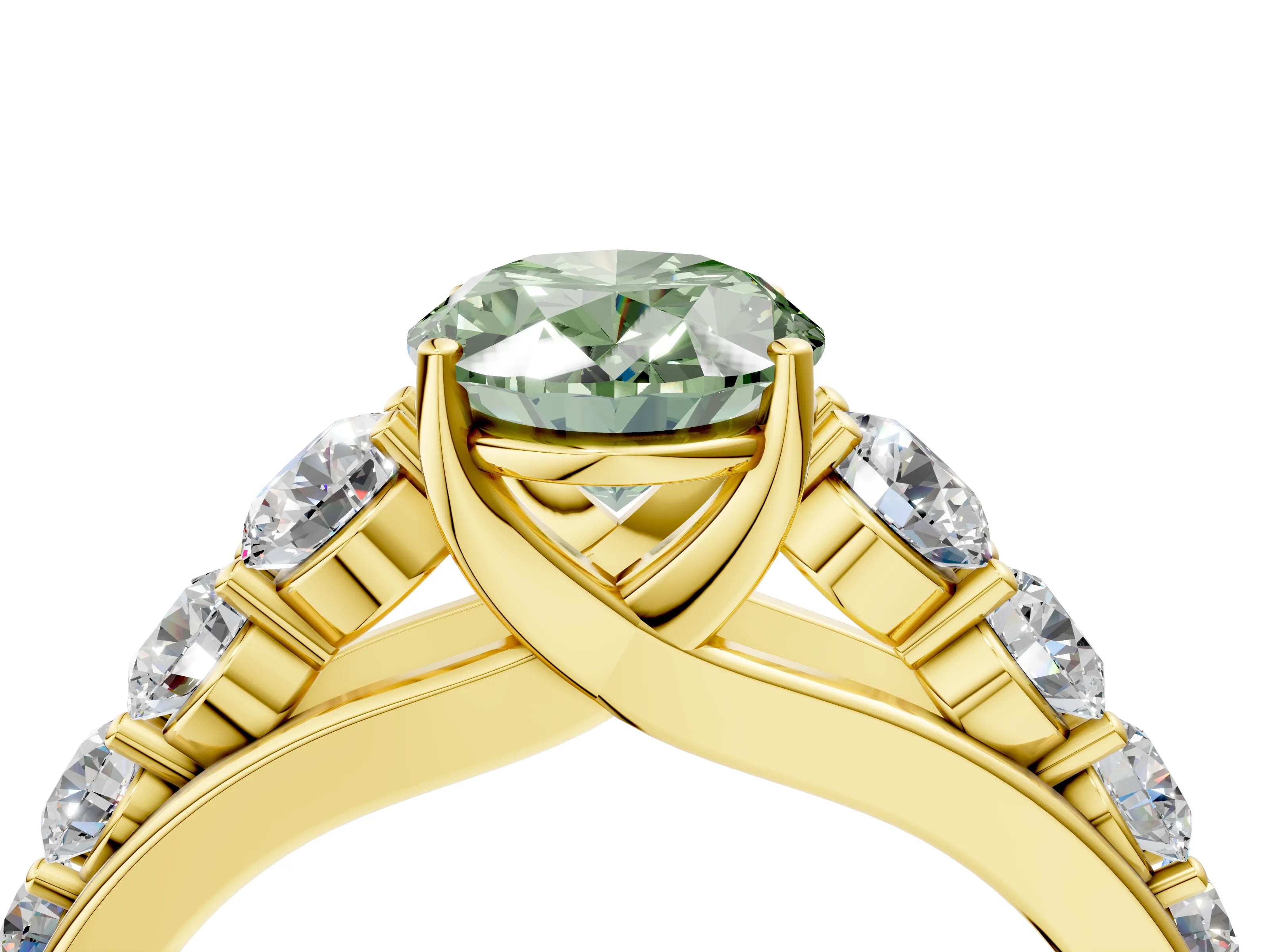 Yellow gold Fancy Green Oval Cut Brilliant Diamond Pavé Band with Six-Prong Setting_4