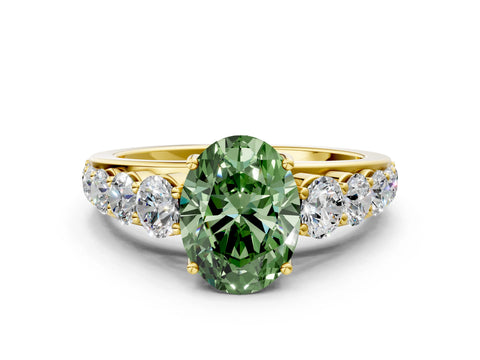 Yellow gold Fancy Green Oval Cut Brilliant Diamond Pavé Band with Six-Prong Setting
