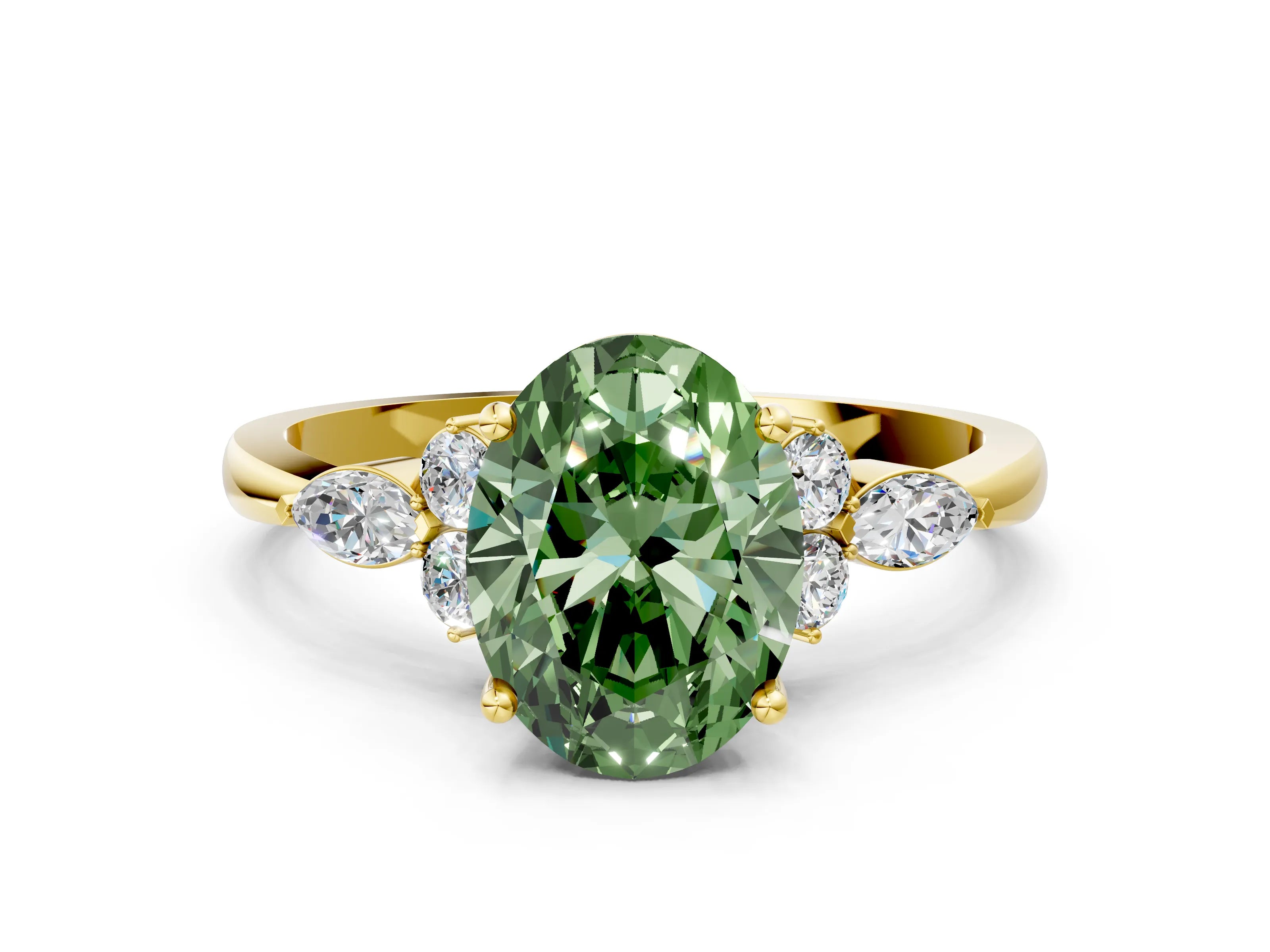Yellow gold Fancy Green Oval Cut Brilliant Diamond Solitaire Ring with Pear Side Stones and Four-Prong Setting_3
