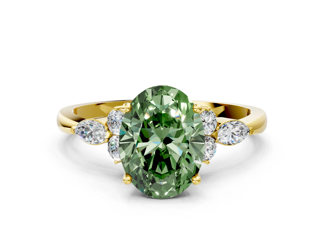 Yellow gold Fancy Green Oval Cut Brilliant Diamond Solitaire Ring with Pear Side Stones and Four-Prong Setting_3