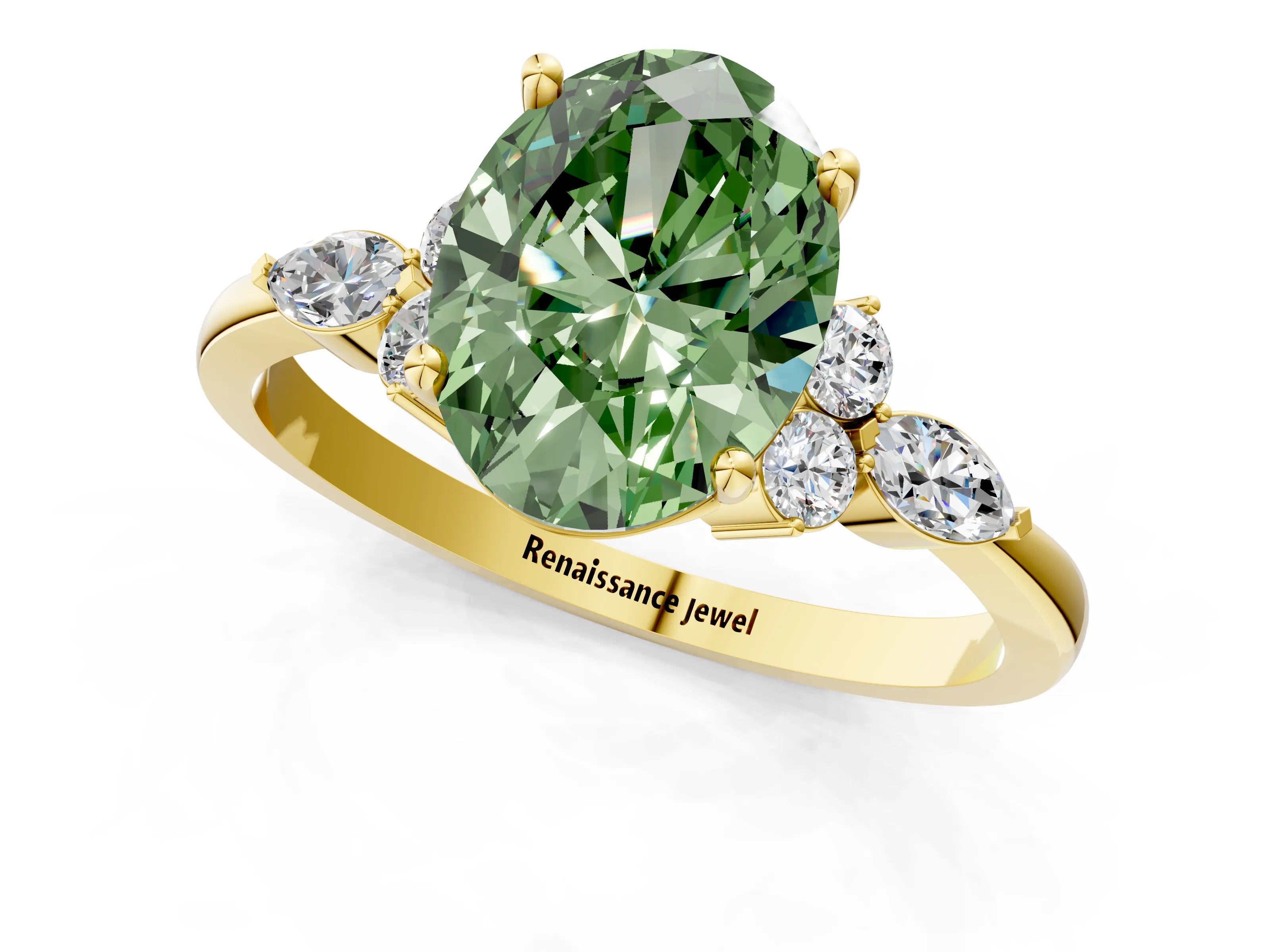 Yellow gold Fancy Green Oval Cut Brilliant Diamond Solitaire Ring with Pear Side Stones and Four-Prong Setting_4