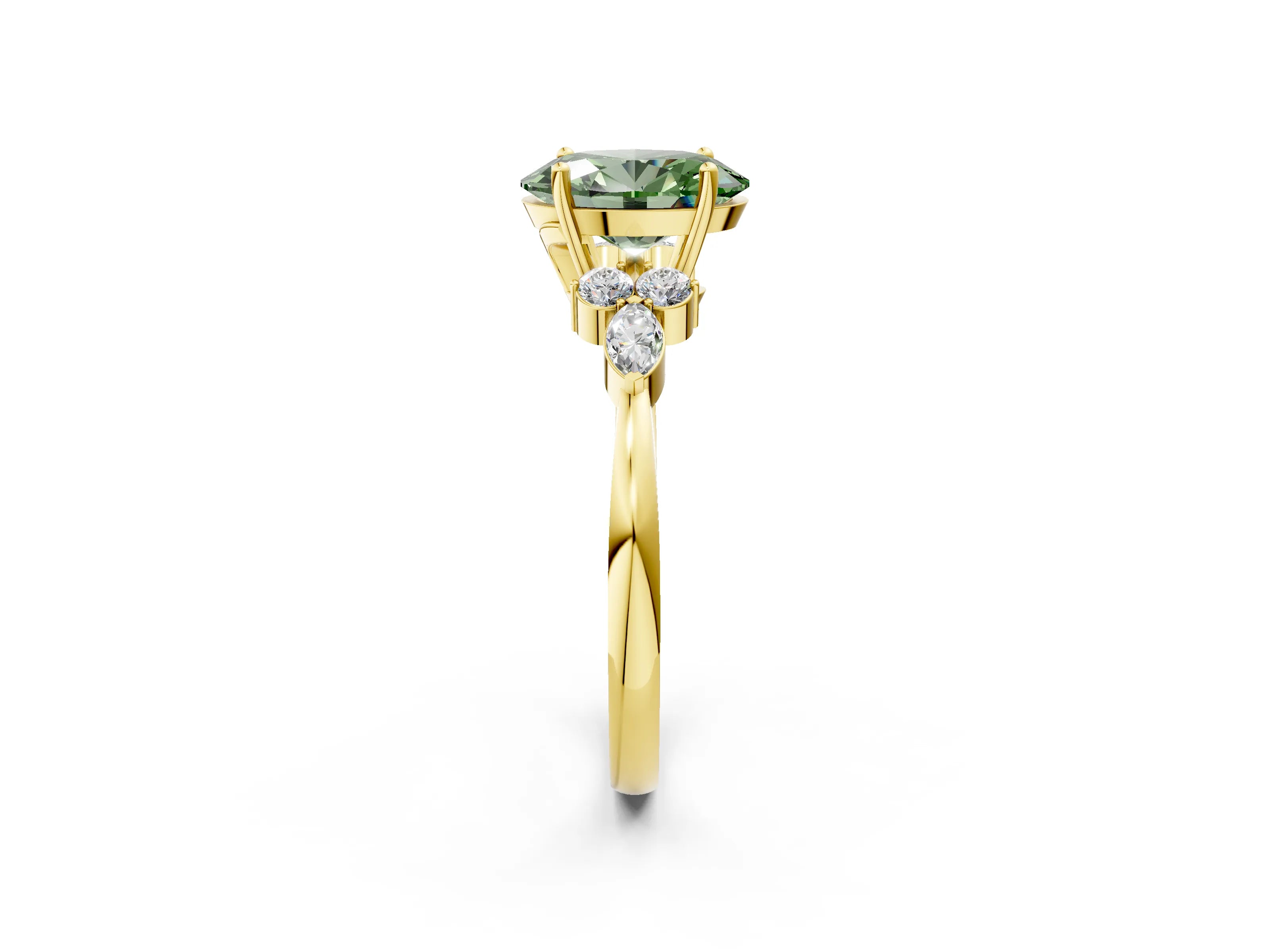Yellow gold Fancy Green Oval Cut Brilliant Diamond Solitaire Ring with Pear Side Stones and Four-Prong Setting_5