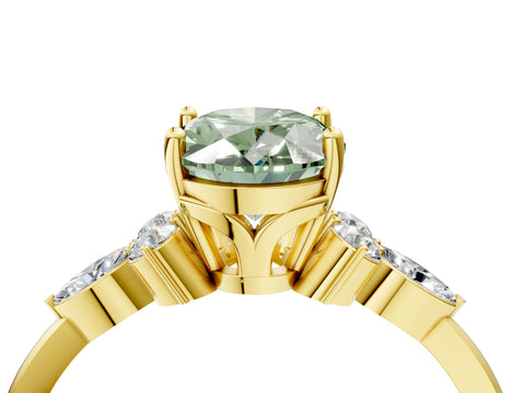 Yellow gold Fancy Green Oval Cut Brilliant Diamond Solitaire Ring with Pear Side Stones and Four-Prong Setting_7