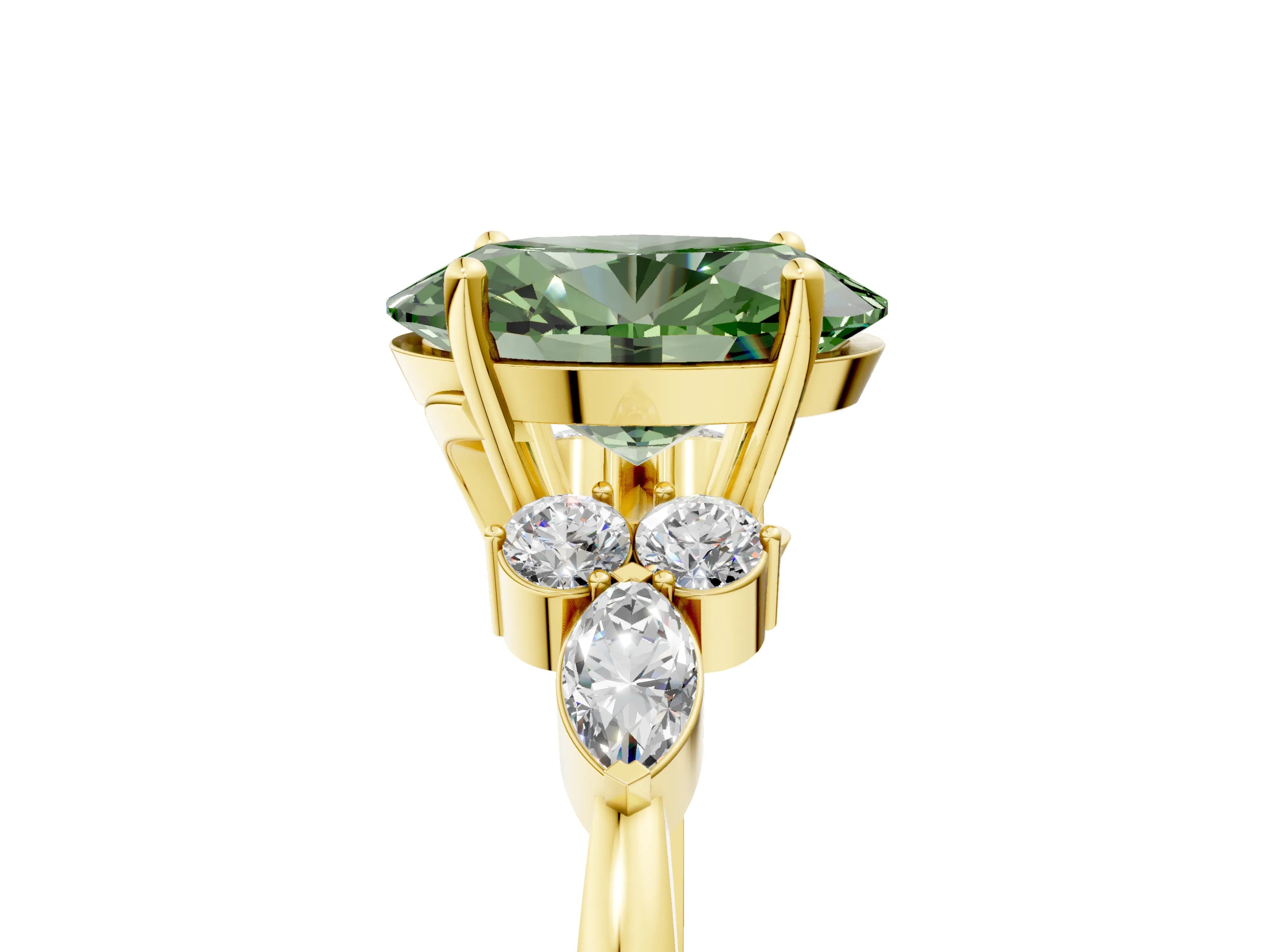 Yellow gold Fancy Green Oval Cut Brilliant Diamond Solitaire Ring with Pear Side Stones and Four-Prong Setting_8