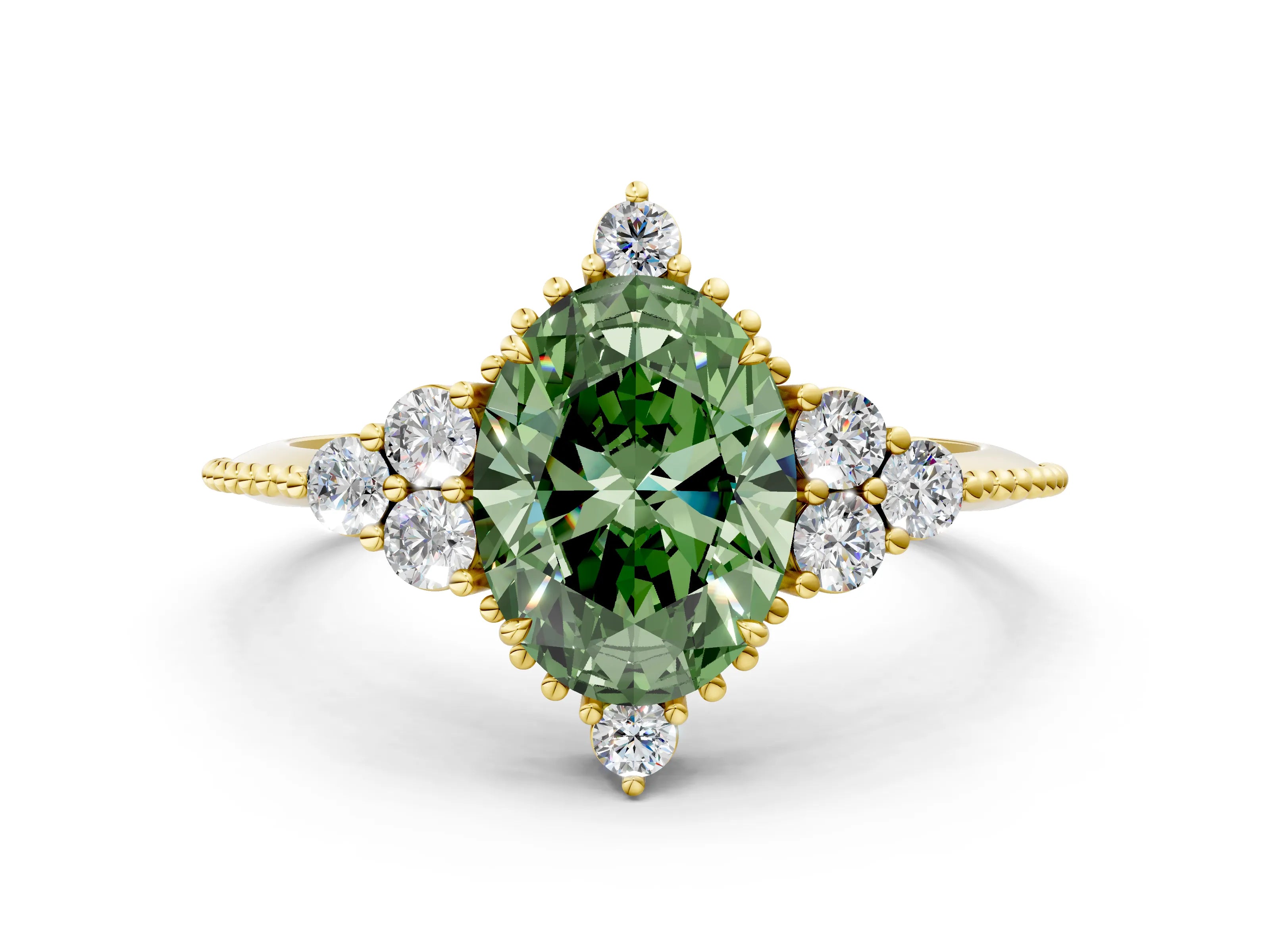 Yellow gold Fancy Green Oval Cut Brilliant Diamond with Cluster Setting on a Beaded Band and Four-Prong Setting