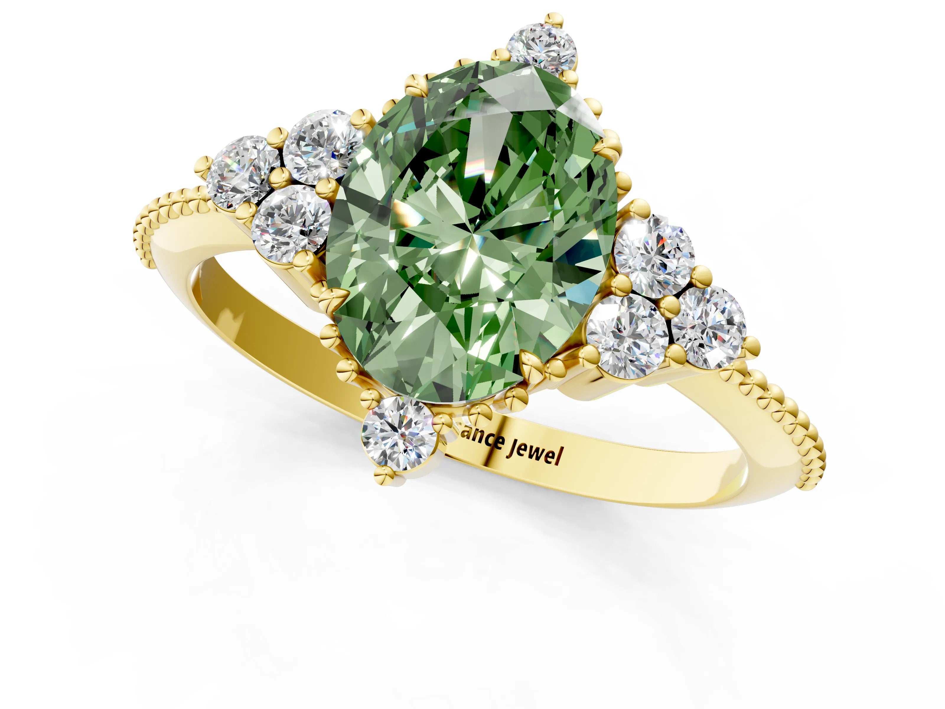 Yellow gold Fancy Green Oval Cut Brilliant Diamond with Cluster Setting on a Beaded Band and Four-Prong Setting_1